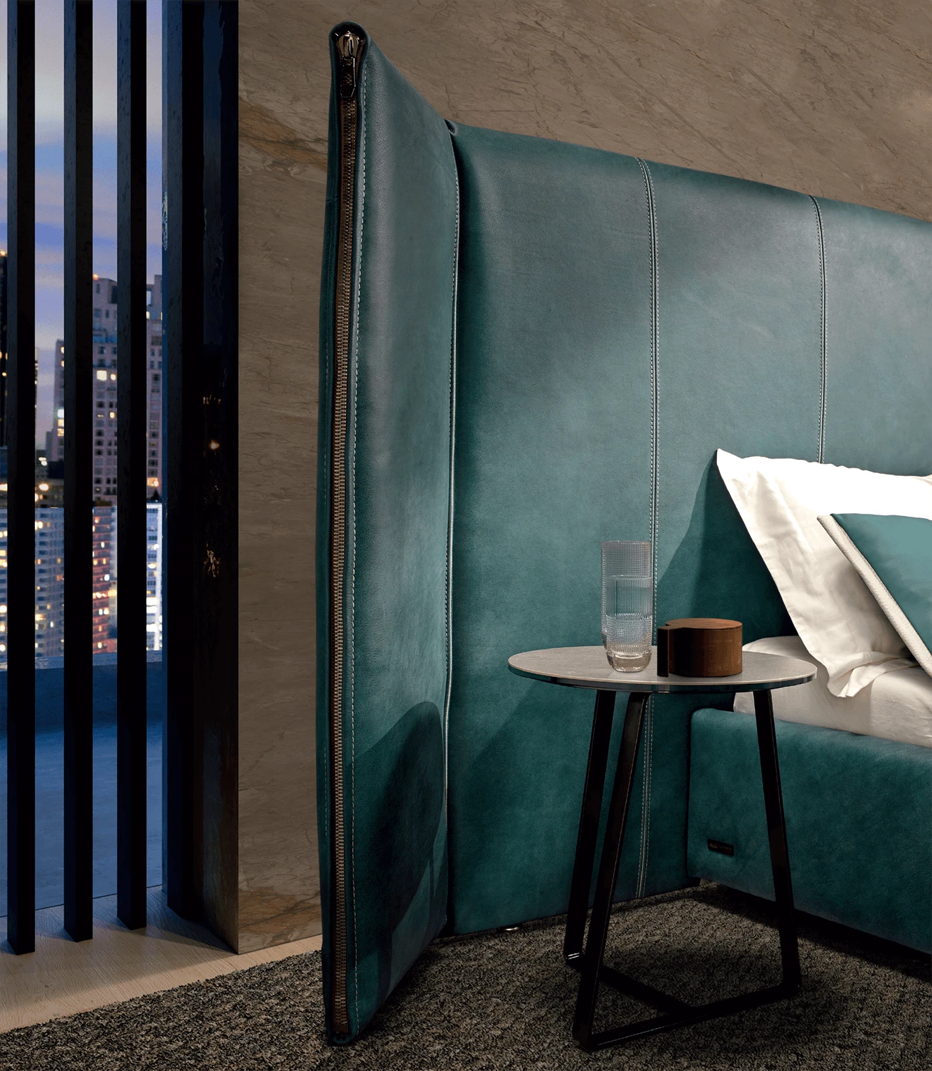 Modern luxury italian bed New York Night by Gamma Arredamenti in teal leather side profile.