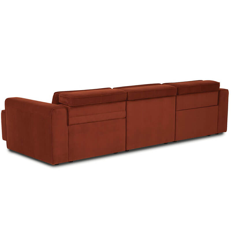 burnt orange fabric reclining sofa chaise showing back view