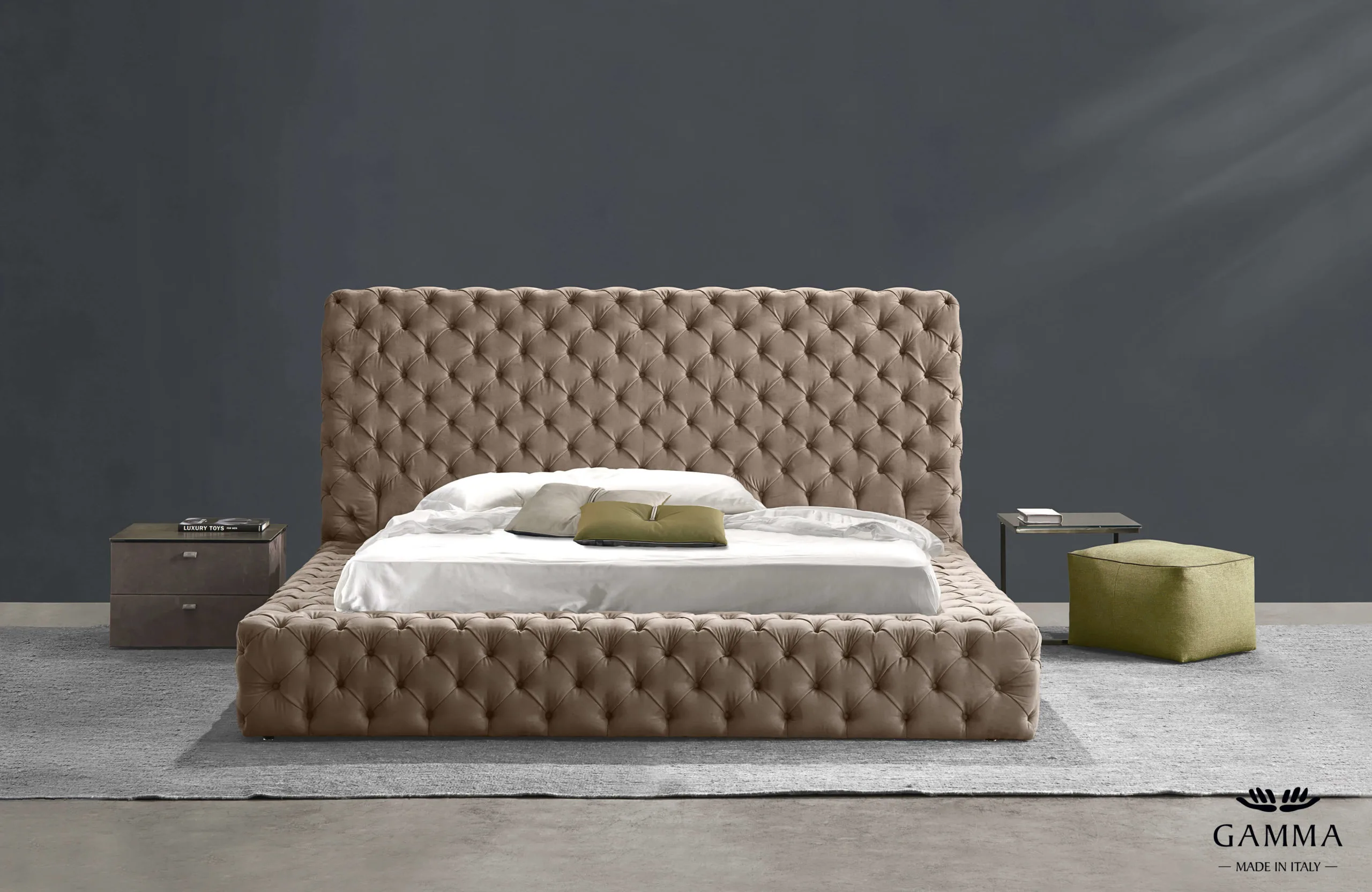 Aston bed in tan leather tufted bed by gamma