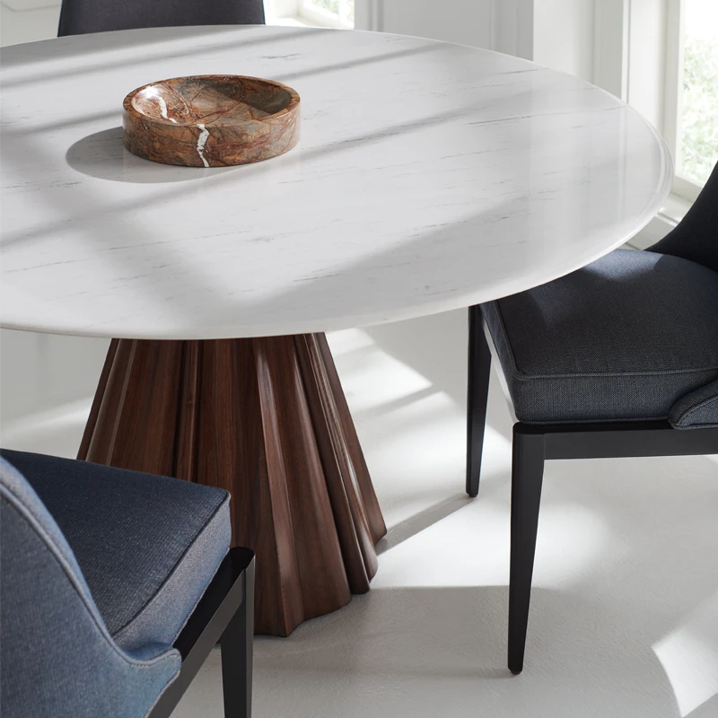 allnatural1 All Natural dining table close up image shows finishes marble top and wood base by Caracole