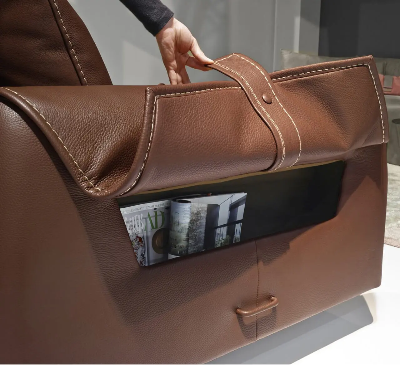 modern tobacco leather sofa arm with magazine storage