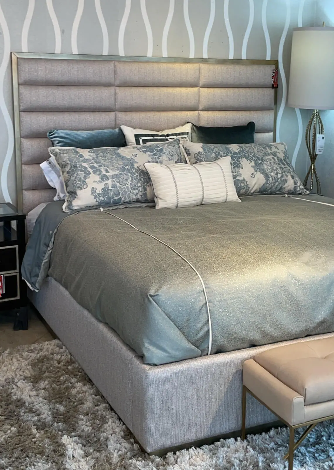 9C85E199-6E8A-45A3-BB15-9939F8C0FF8D contemporary palo alto panel bed in a light fabric with gold wood finish trim product image