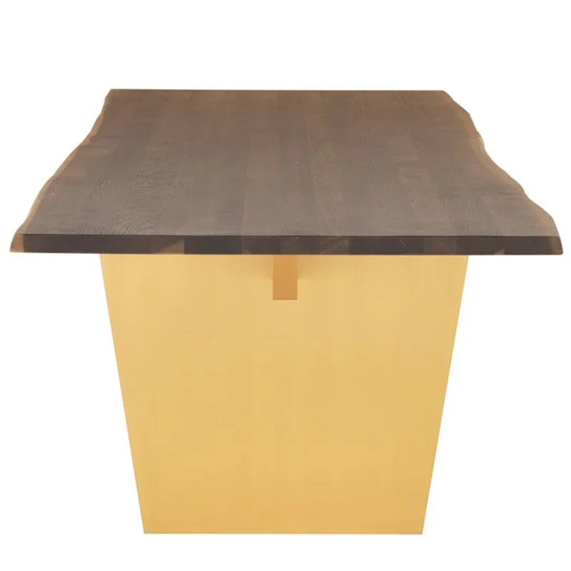 AIDEN1 Aiden dining table shown from long side where you can see the line of the Oak top and brushed gold base by Nuevo Living