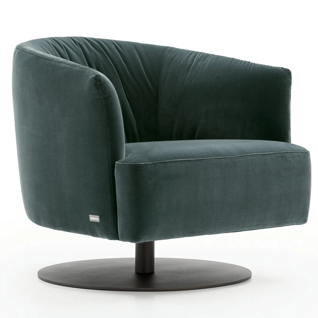 B299293672_ dark teal snug looking circular swivel arm chair on round black base