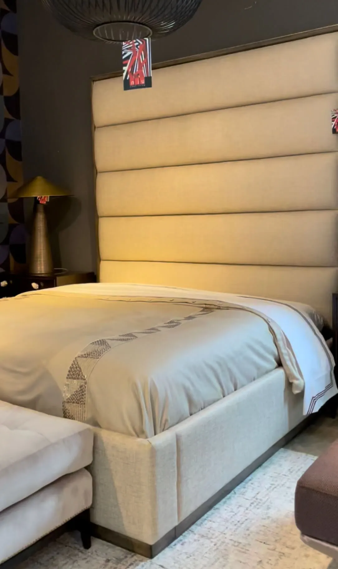 IMG_33ED315C59E5-1 beige king size custom panel bed product image with wood trim and extra height panel