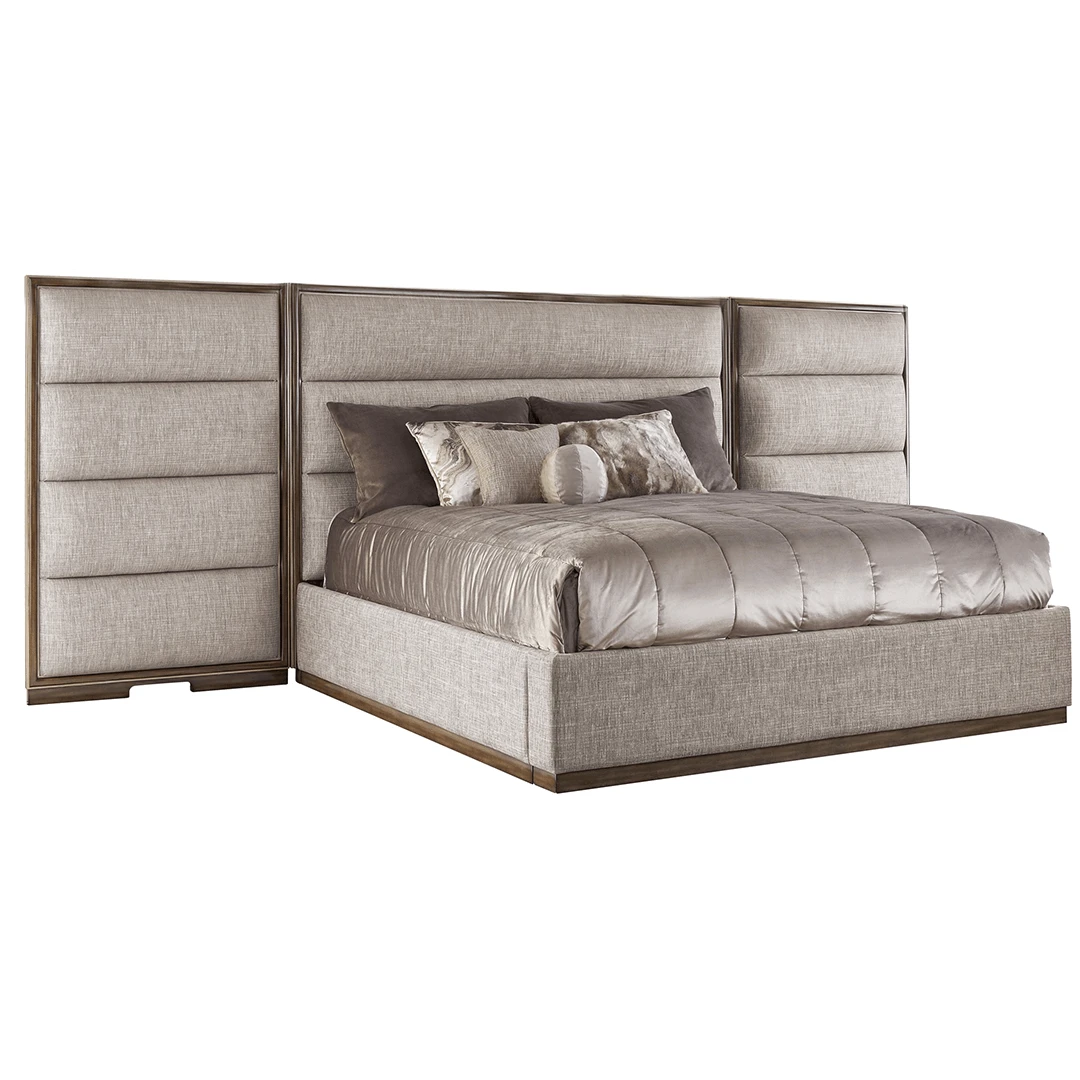 PAL11 paneled wing bed in a taupe fabric with dark wood trimming