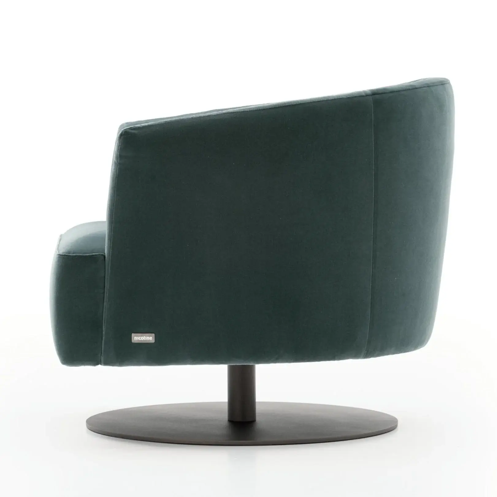 jensen-lewis-diga-swivel-chair-30016229081131_1024x1024@2x dark teal snug looking circular swivel arm chair on round black base