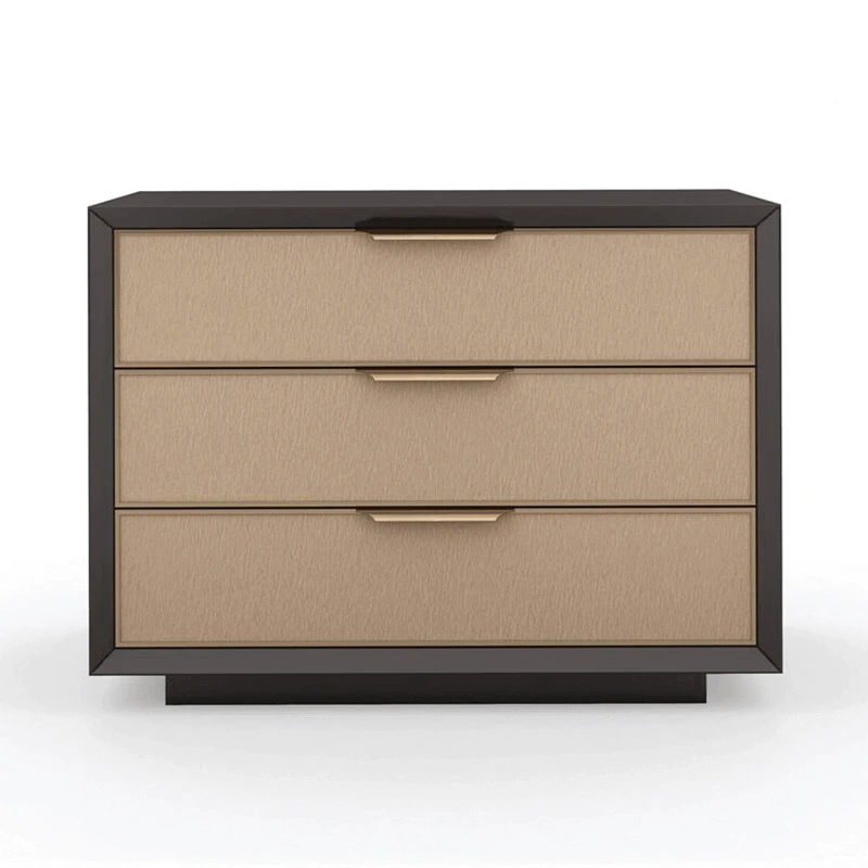 dark chocolate mide century modern nightstand with 3 mocha drawers and champagne hardware front shot silo