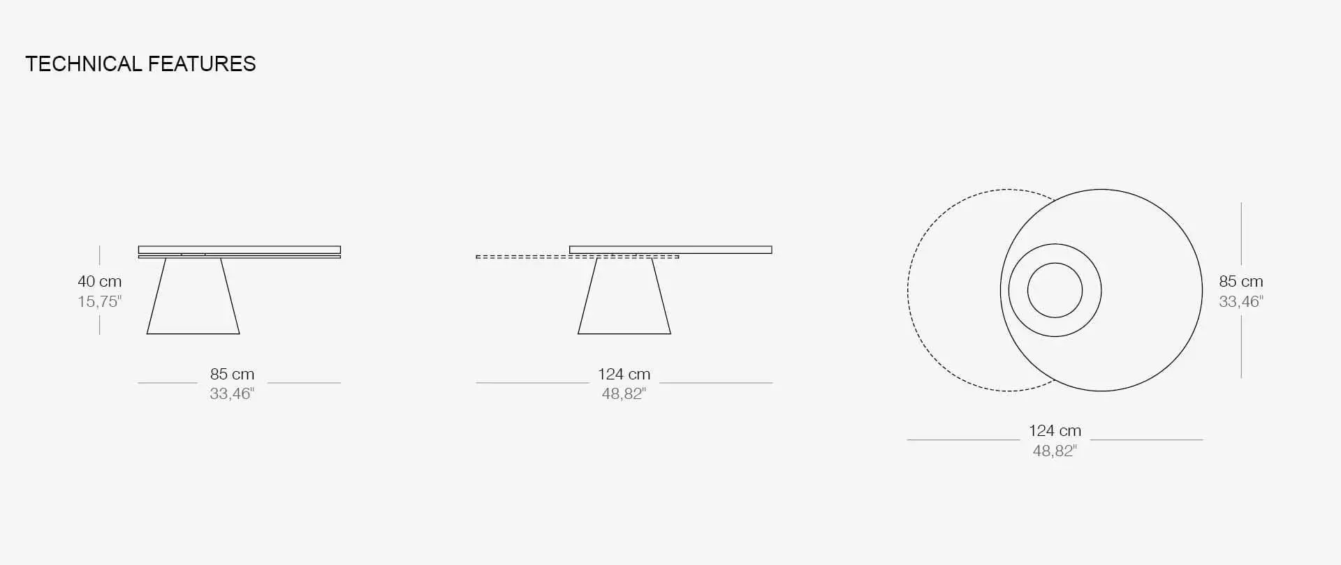 round two top coffee table technical sheet with measurements