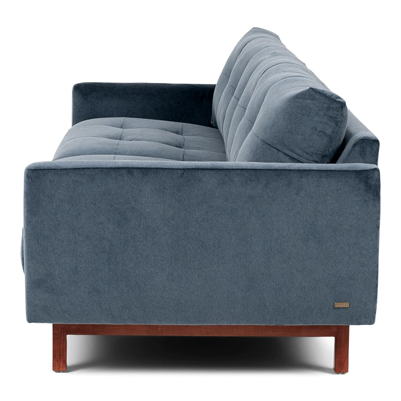 carmet3 blue two seat sofa product shot with wooden leg