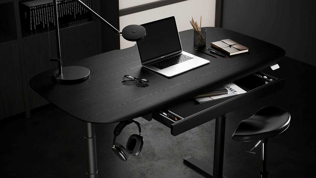staged black desk product photo