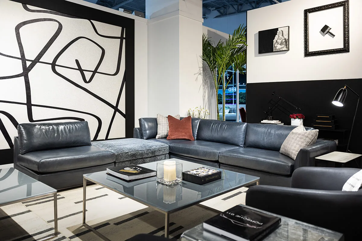 ED.Market_MainHall_Siena_MontBlanc_Granite_ZiggyCharcoal siena sectional configuration in a musky blue leather