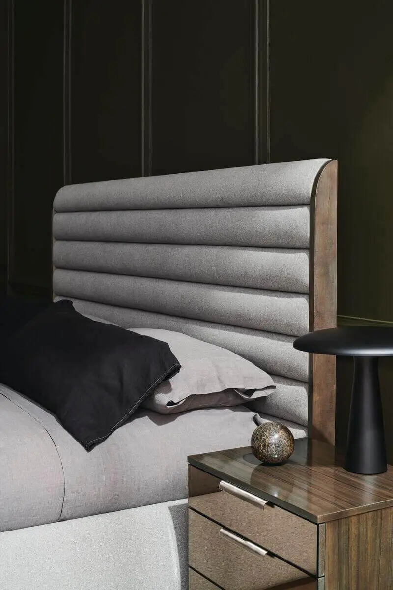 m133-421-121-detail gray smokey modern bed with horizontal slats at an angel
