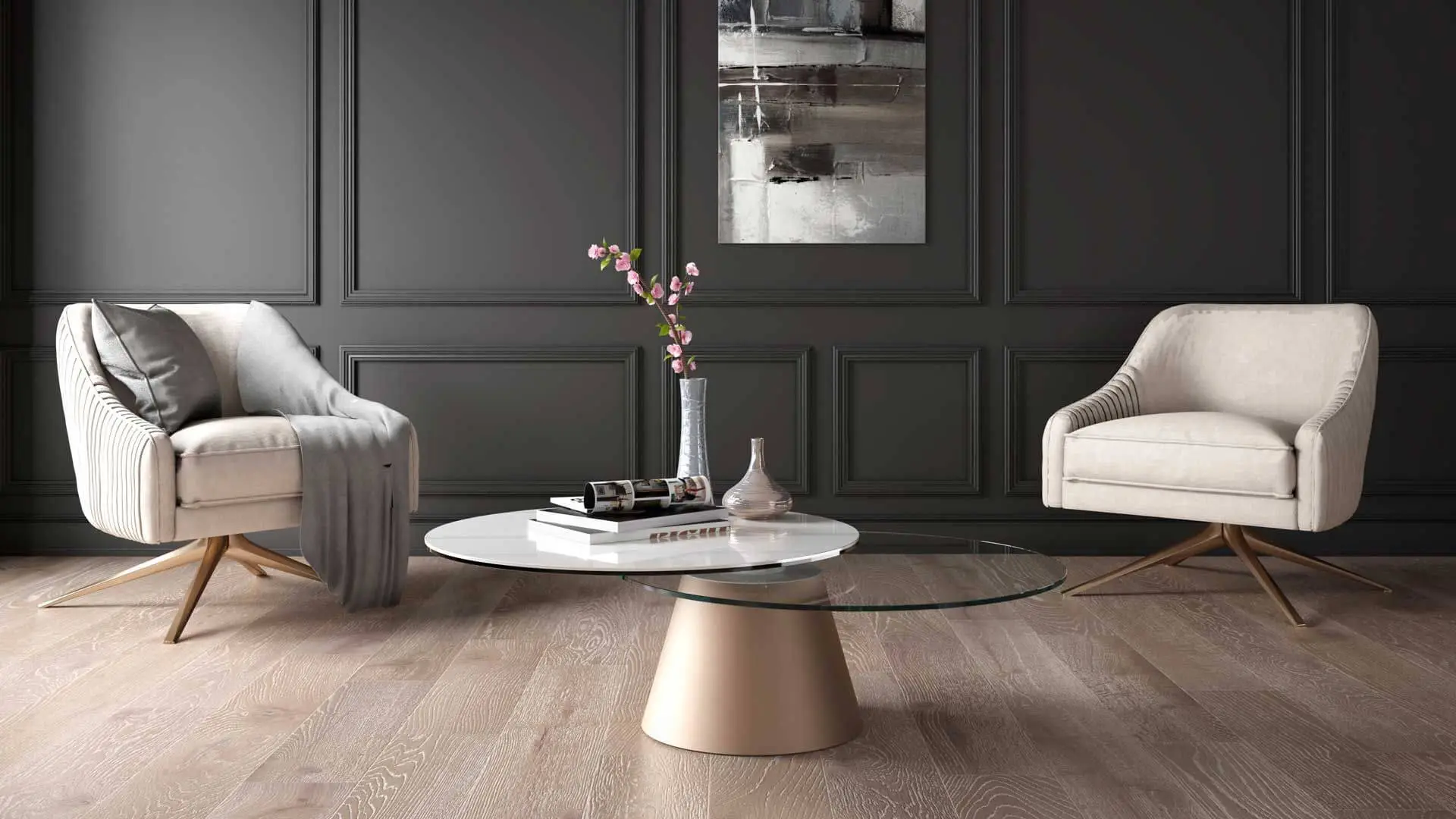 round two top coffee table in ceramic and glass combination in empty room.