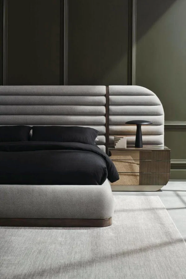 gray smokey modern bed with horizontal panels and extension rounded off panel headboard