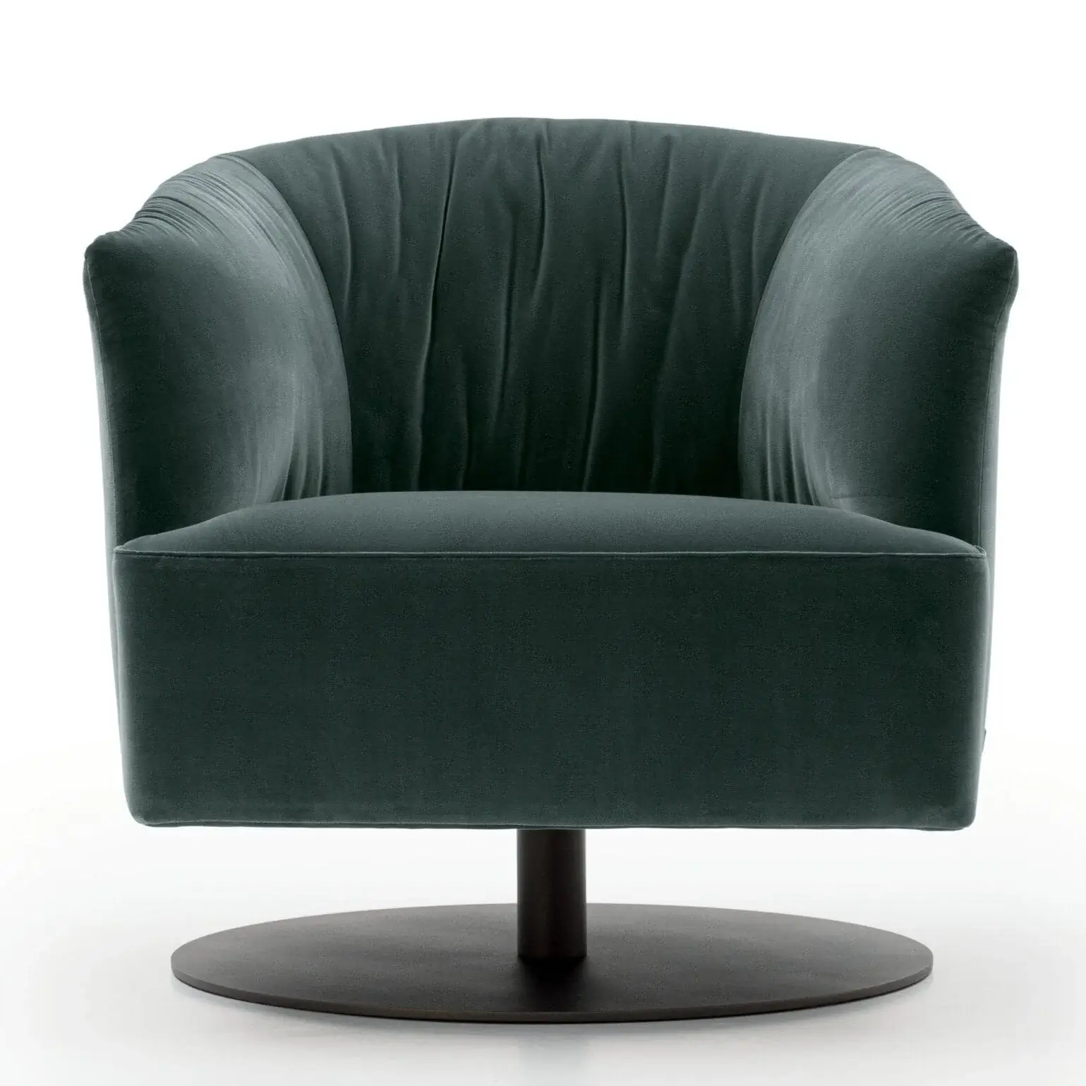 jensen-lewis-diga-swivel-chair-30016229113899_1024x1024@2x dark teal snug looking circular swivel arm chair on round black base