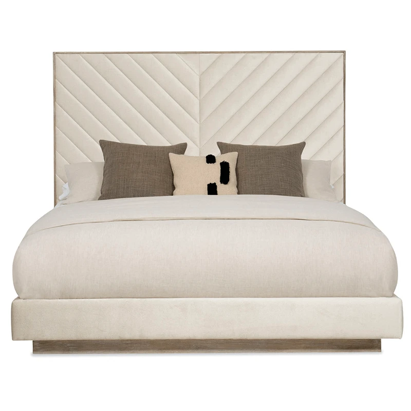 beige bed wood trim with chevron design headboard