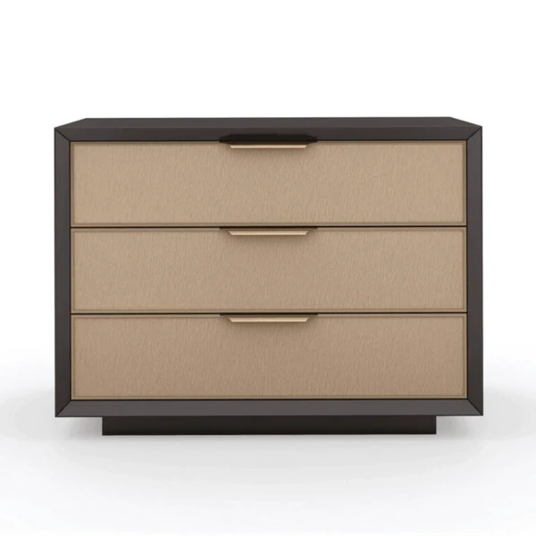 dark chocolate mide century modern nightstand with 3 mocha drawers and champagne hardware front shot silo