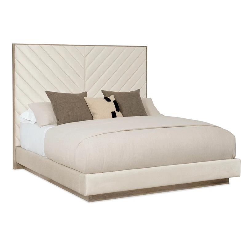 beige bed wood trim with chevron design headboard