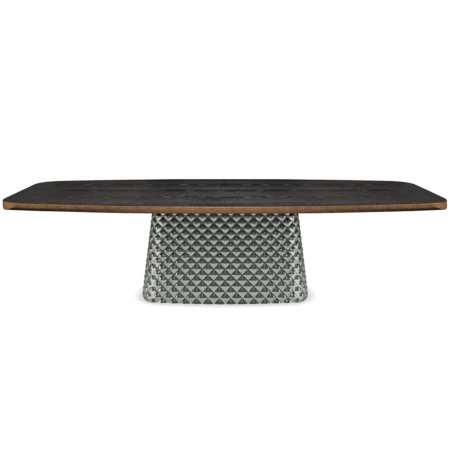 Cattelan Italia's Atrium Masterwood dining table burned oak wooden carved top and metal quilted base