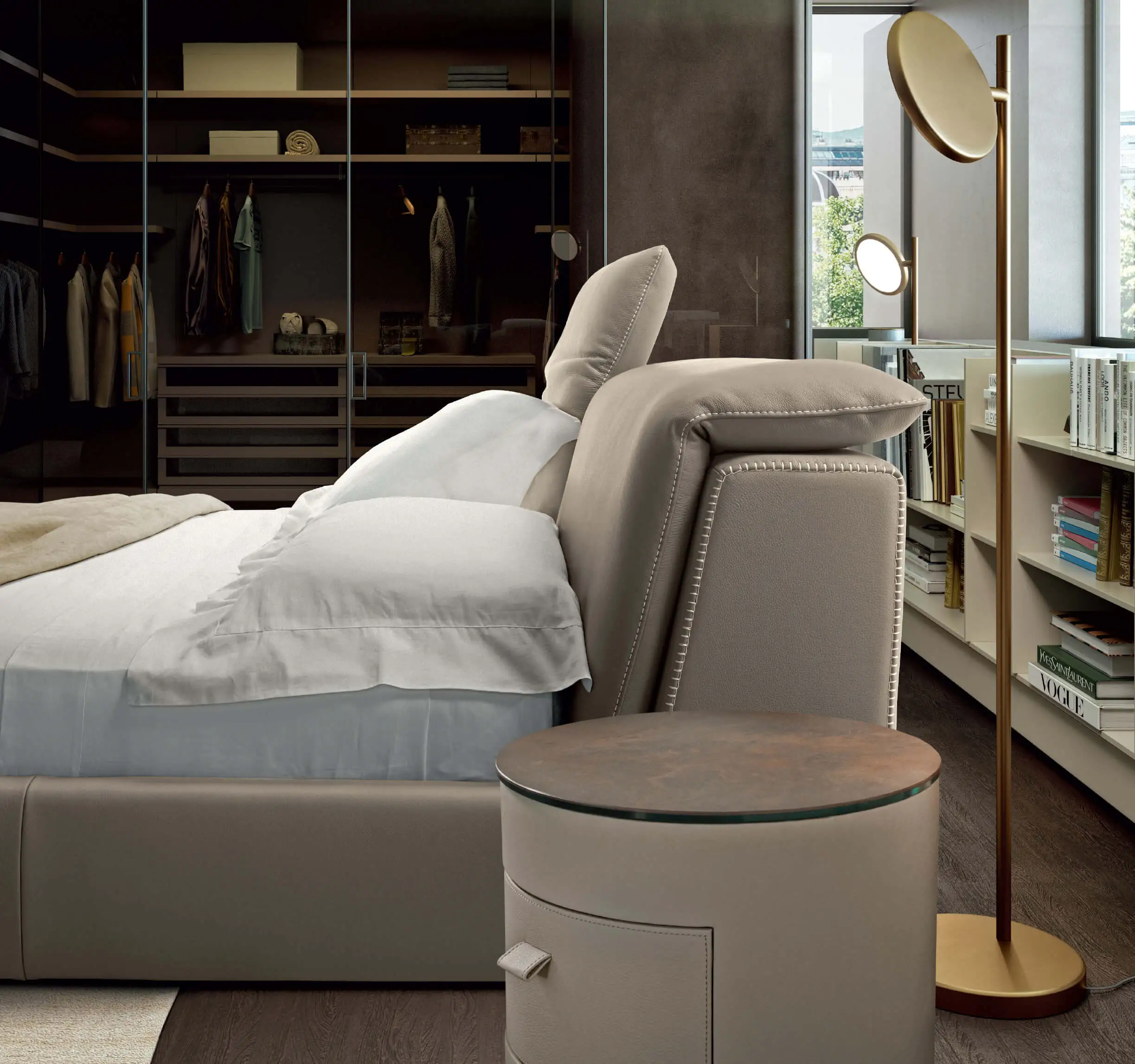 170_sound_night-1 close up bed shot side angel taupe leather bed by Gamma