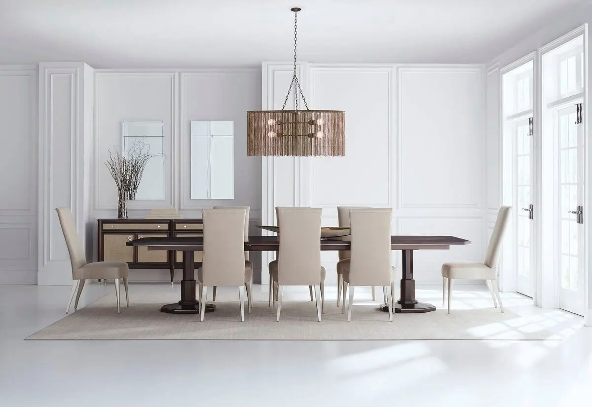 cla-420-201-rs upholstered tight back pearl fabric side chairs around dining dark wood rectangular table set