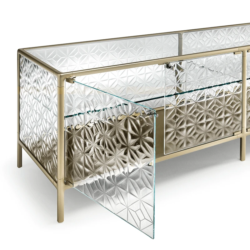 echo1 Fiam Italia's Echo buffet champagne trim and glass dining buffet product shot closeup with open door