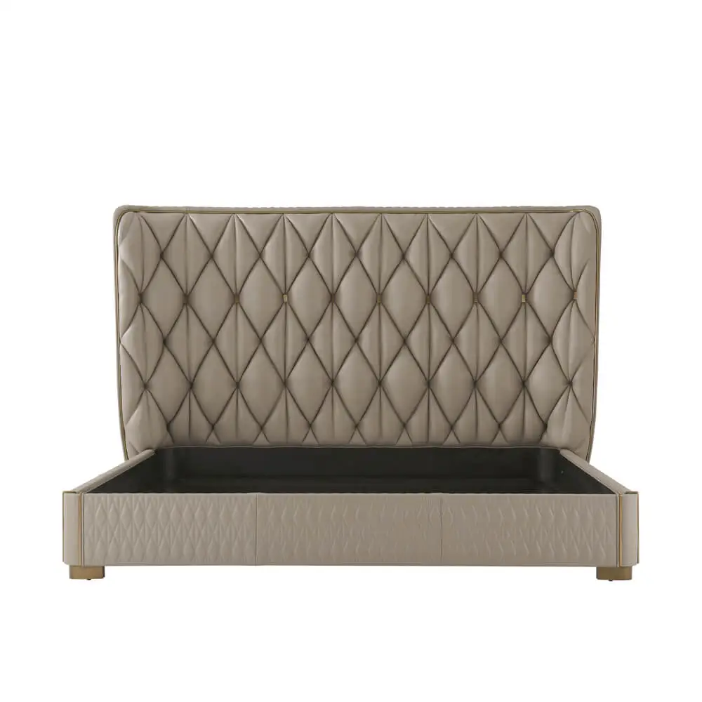 Quilted taupe leather king bed.