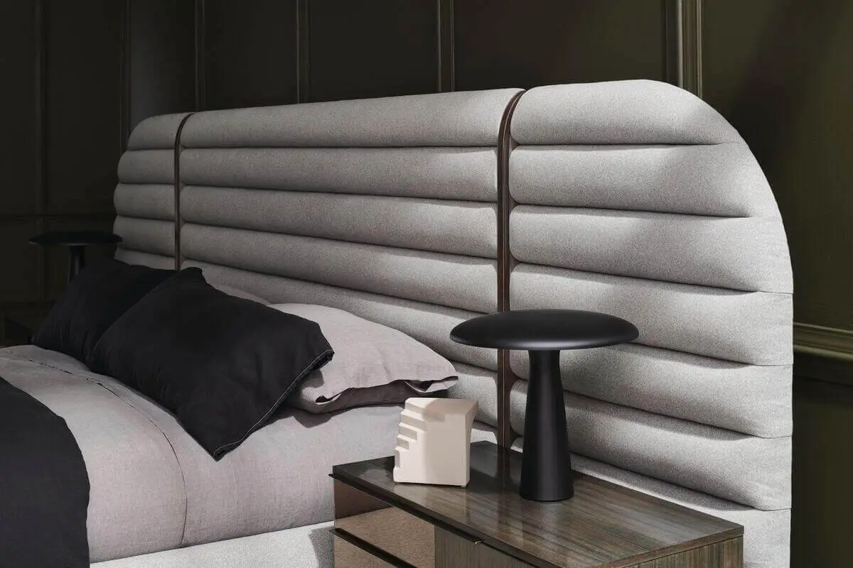 m133-421-121p-detail2 gray smokey modern bed with horizontal panels and extension rounded off panel headboard