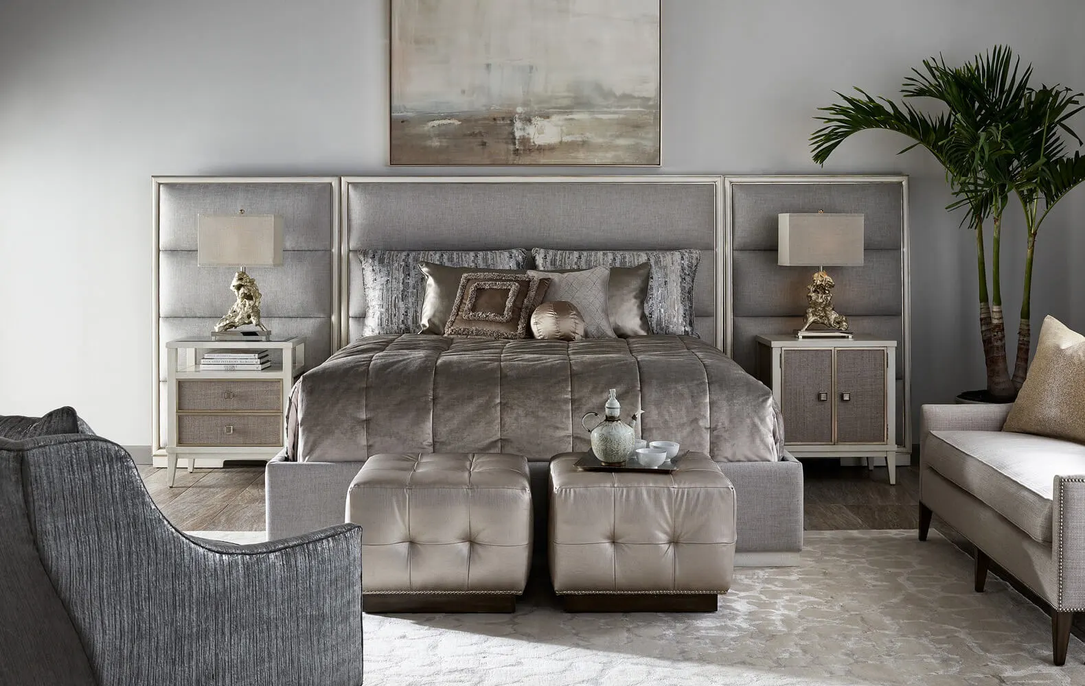 PAL11-6P_51-0x1080-no-upscale paneled wing bed in a gray fabric with a silver finish wood trimming