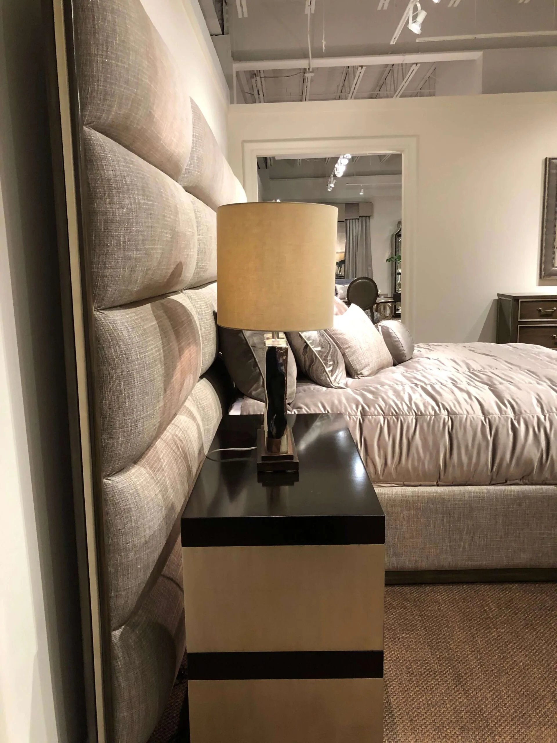 IMG_5803 taupe king size custom panel bed product image from the side to show the depth detail of about 3"